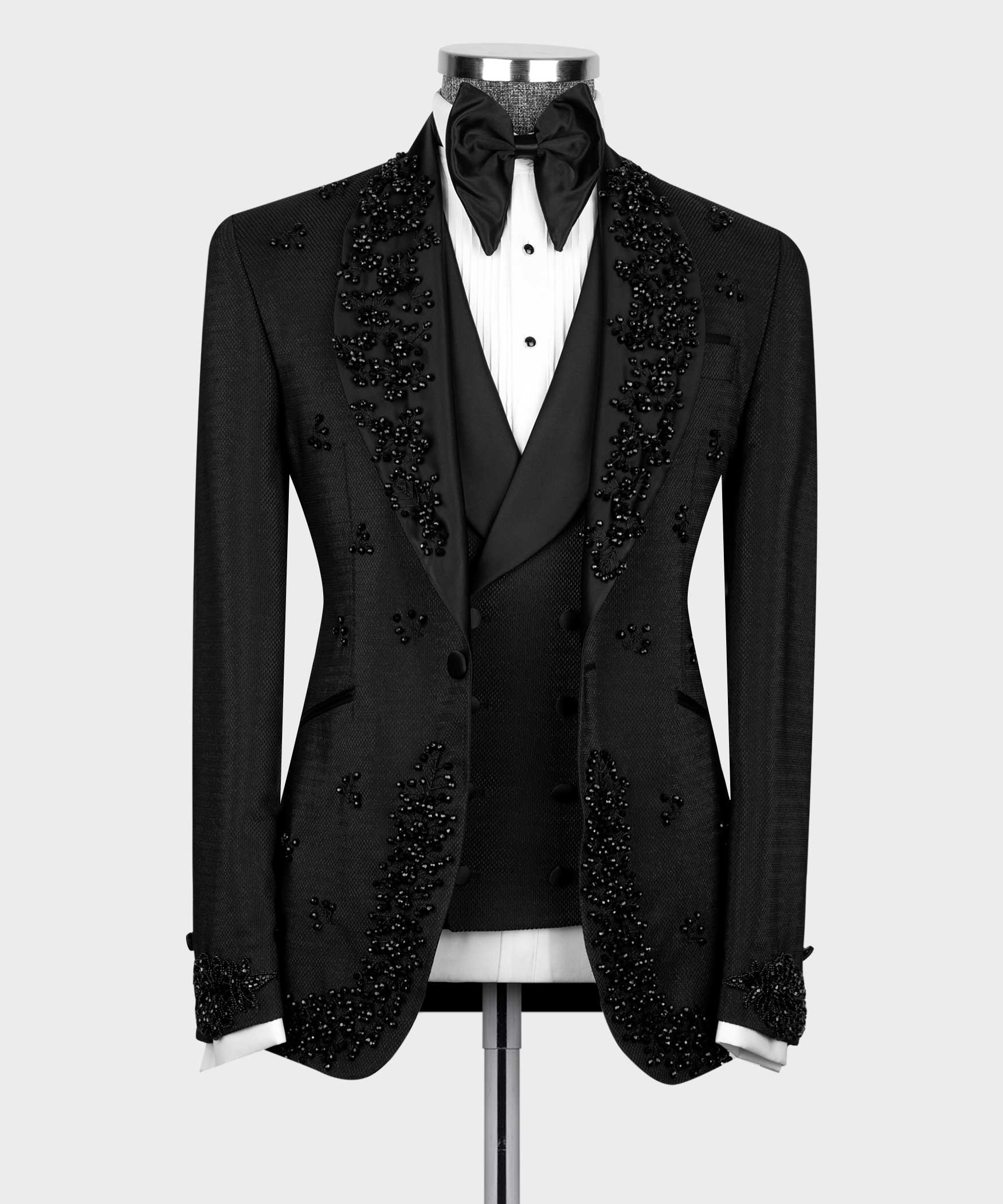 Black crystal-jeweled tuxedo jacket and vest set with bow tie, satin lapels