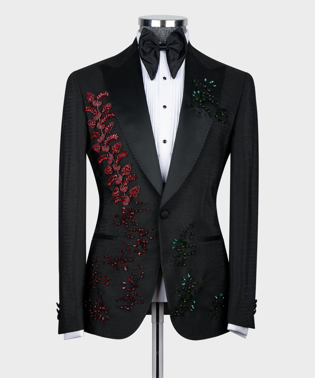 Black tuxedo set with red left and green right crystal floral embroidery, white shirt