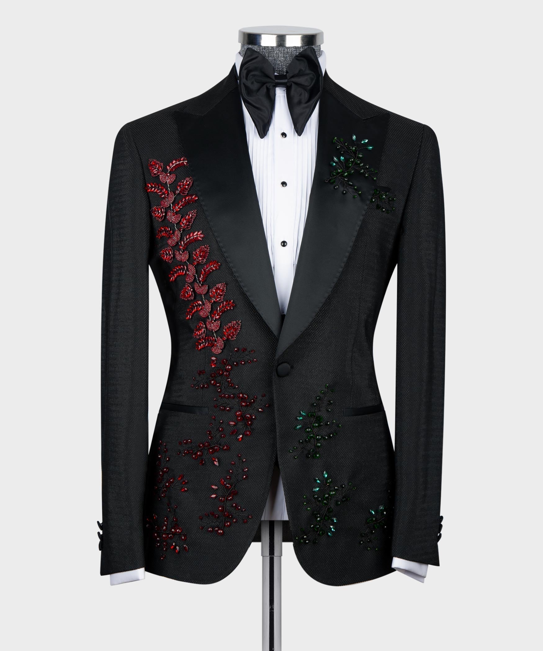 Black tuxedo set with red left and green right crystal floral embroidery, white shirt