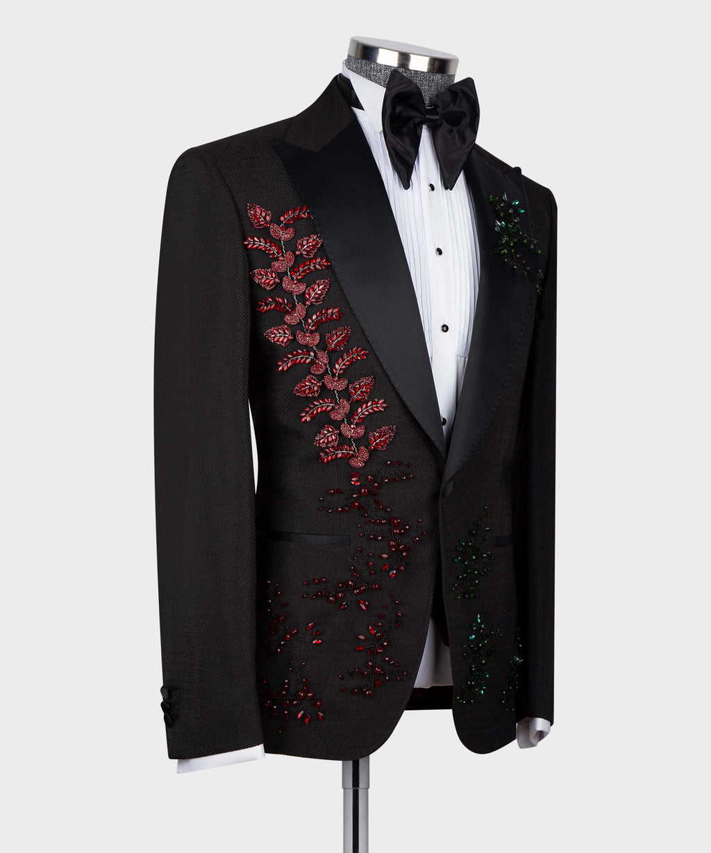 Black tuxedo jacket and waistcoat with red crystal floral embroidery, black bow tie