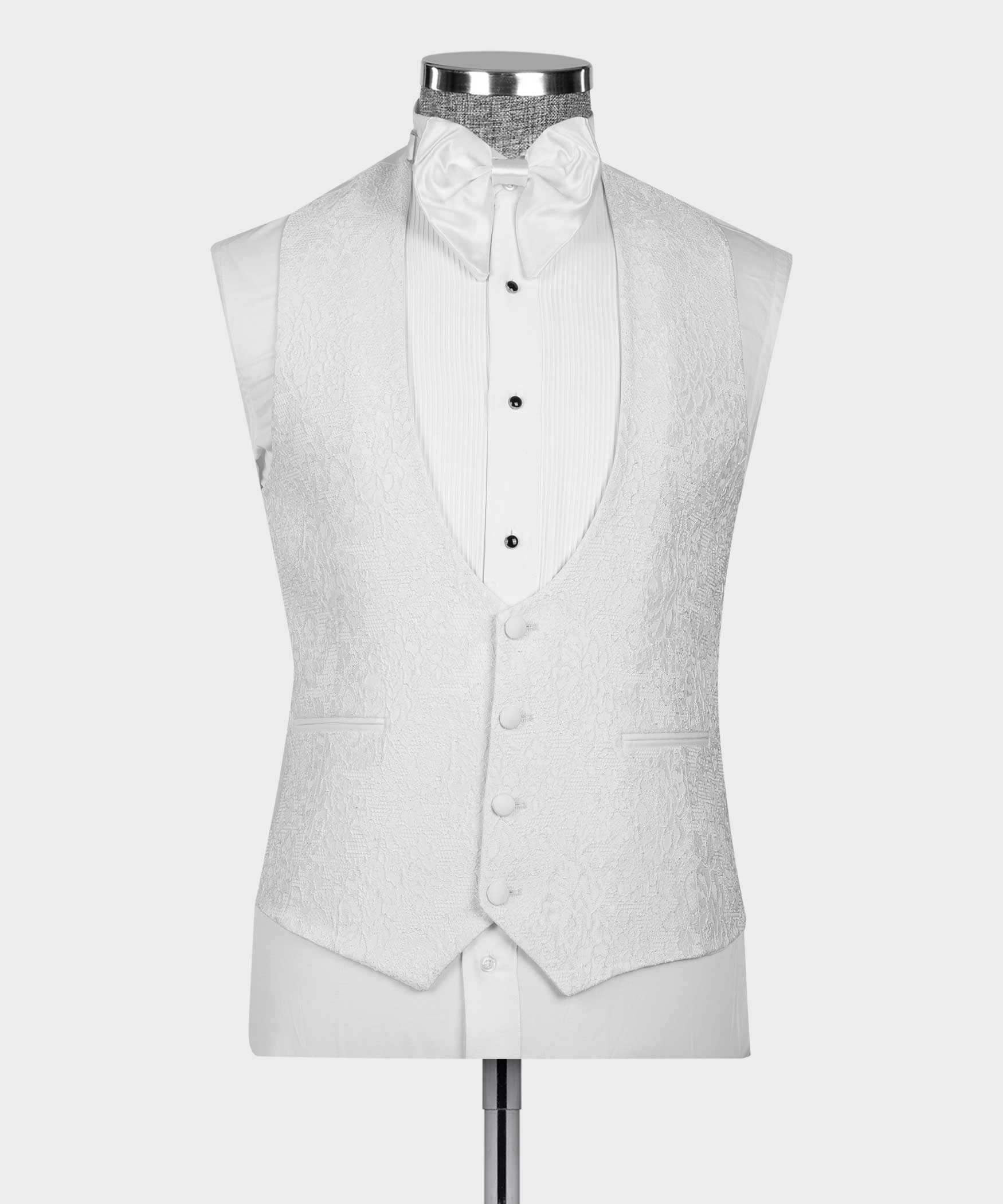 White tuxedo waistcoat with button closure and textured fabric under the jacket