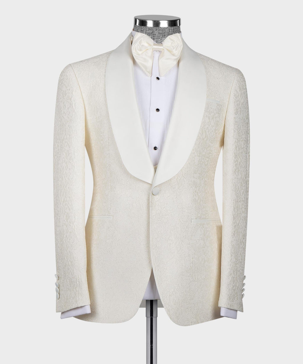 Cream tuxedo jacket front with satin lapels, button vest and bow tie
