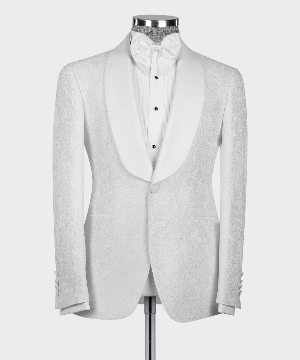 White tuxedo jacket with satin shawl lapels and matching vest front, covered buttons