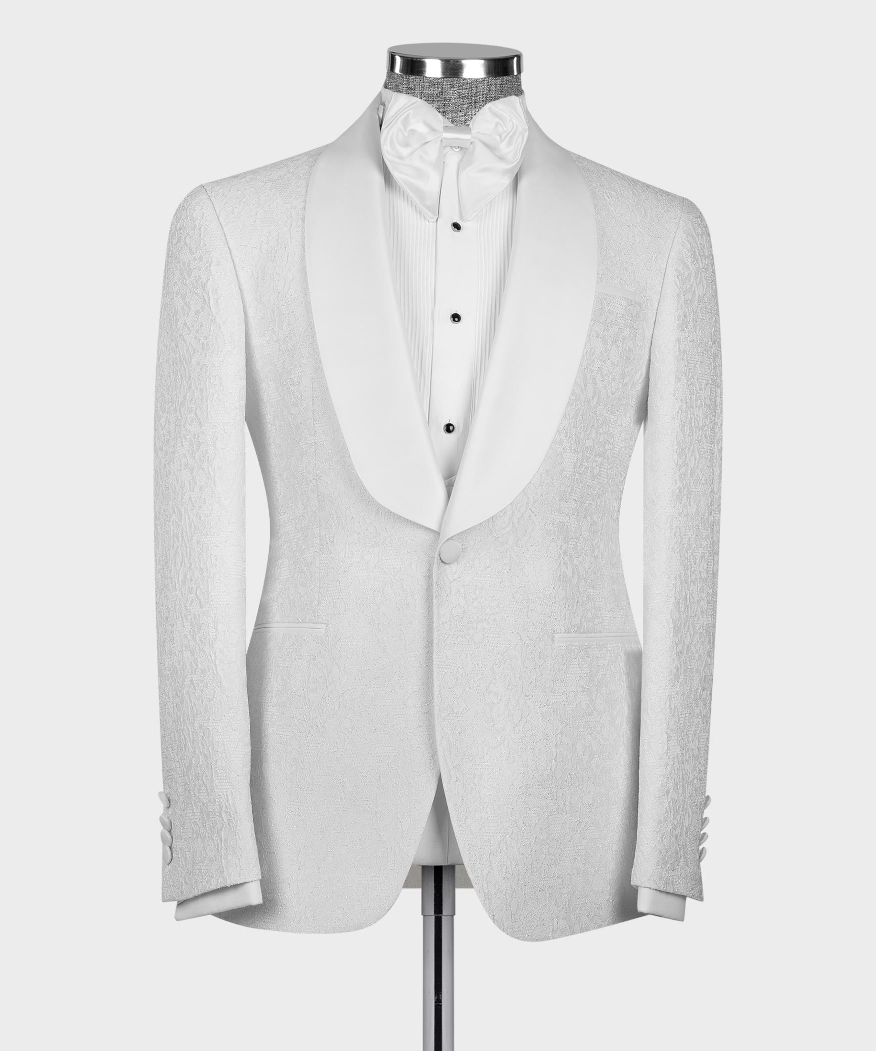 White tuxedo jacket with satin shawl lapels and matching vest front, covered buttons