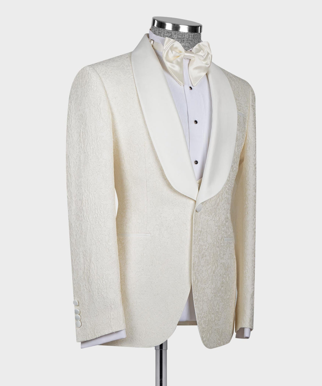 Cream tuxedo jacket with satin lapels and bow tie, open vest front