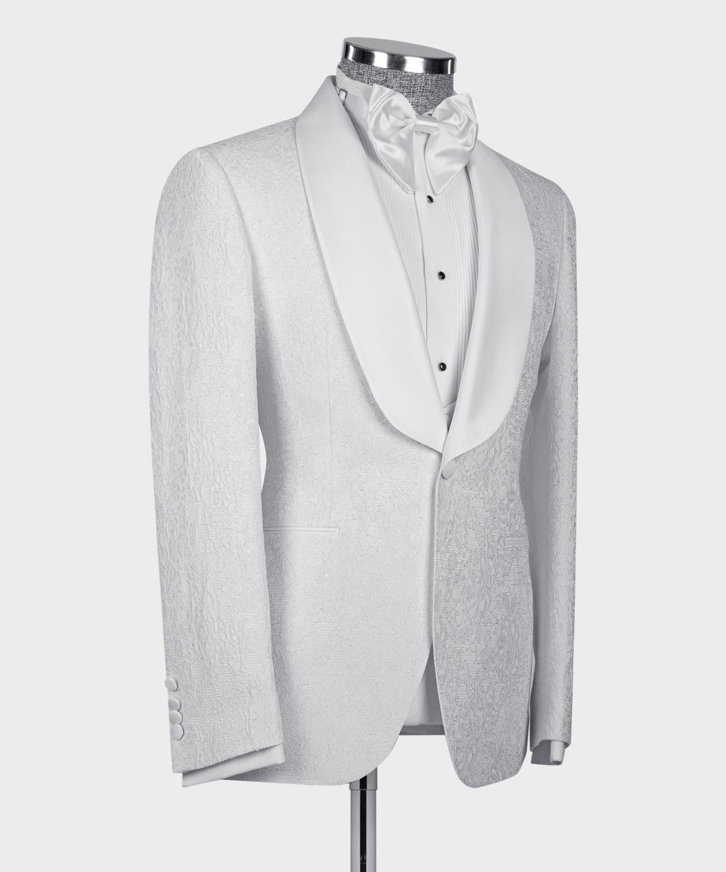 White three-piece tuxedo suit jacket with satin lapels and textured fabric