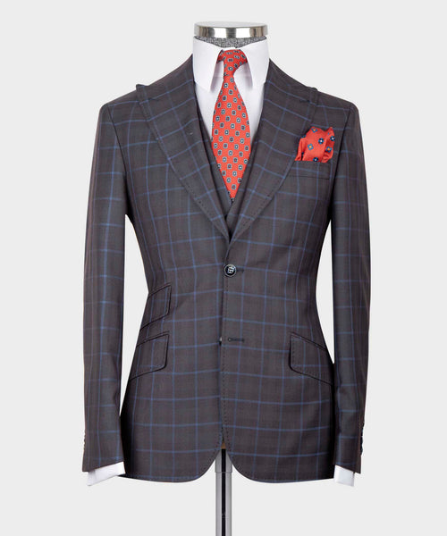 Charcoal windowpane vest suit with red patterned necktie and matching pocket square