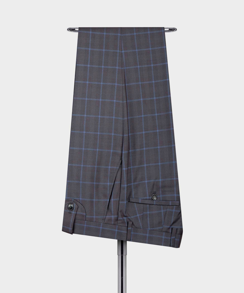 Dark windowpane dress trousers with belt loops and front button closure