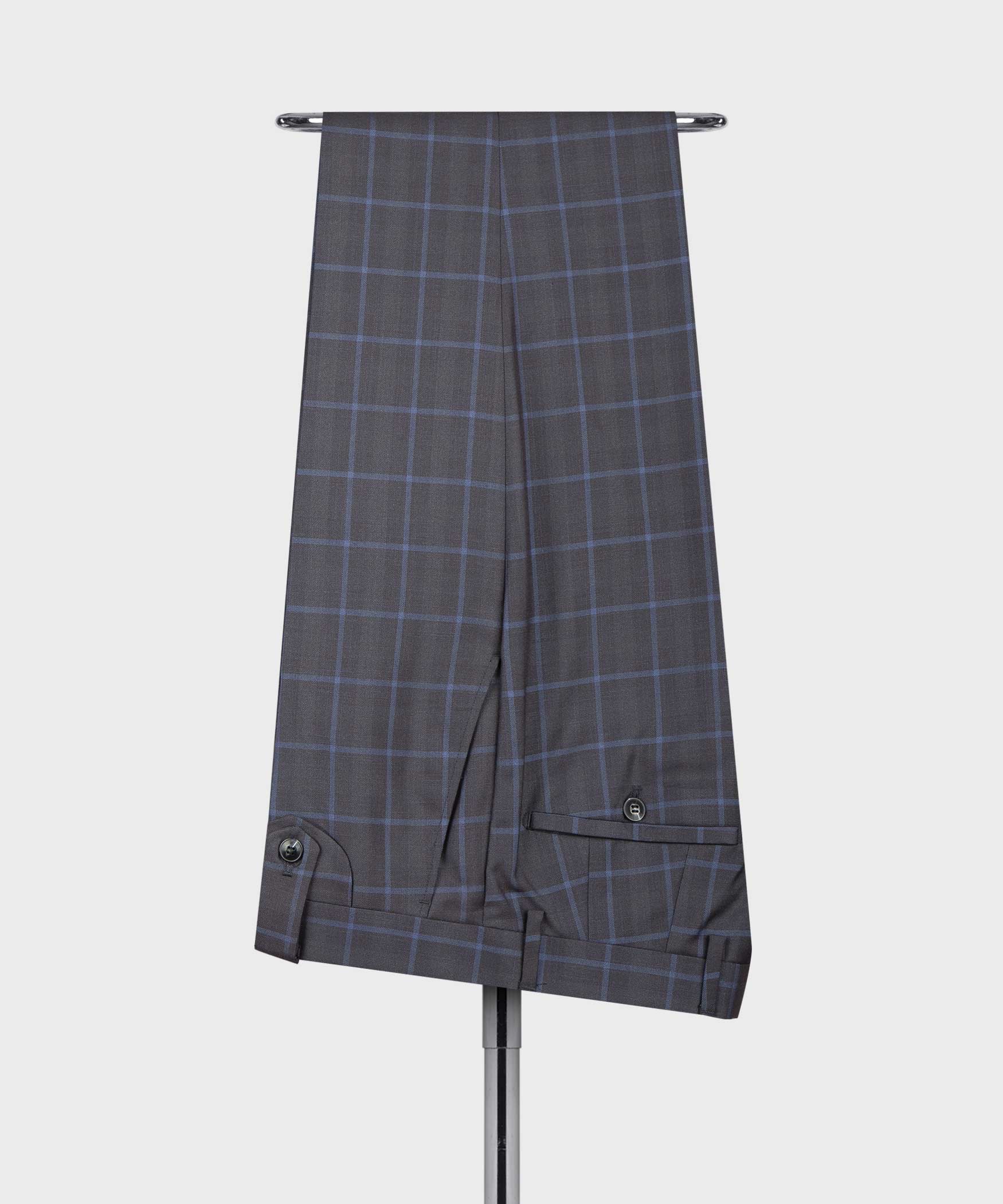 Dark windowpane dress trousers with belt loops and front button closure