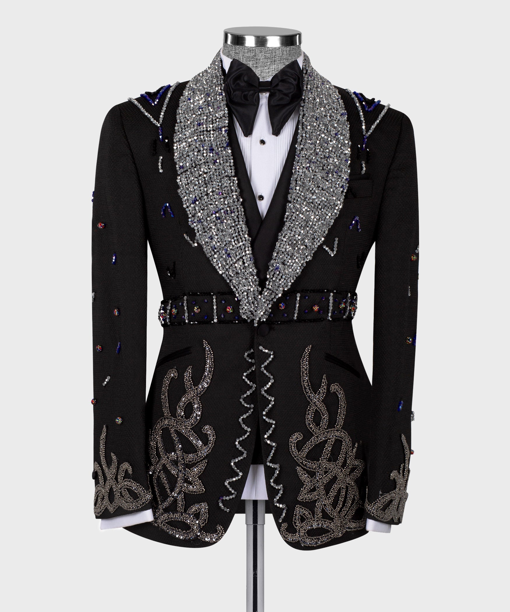 Gem Stone black special tuxedo, silver sequin shawl lapel over black vest front
