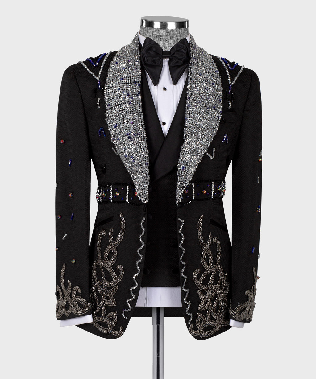 Gem Stone black special tuxedo jacket with silver sequin lapels and bow tie
