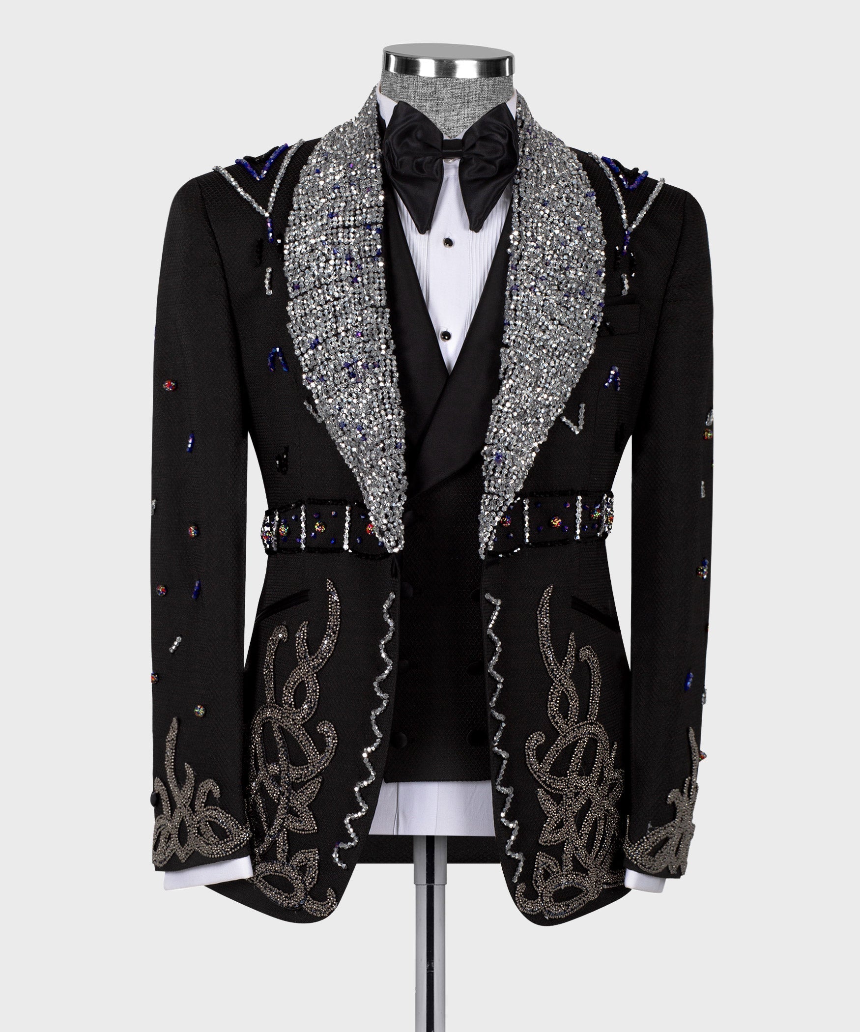 Gem Stone black special tuxedo jacket with silver sequin lapels and bow tie