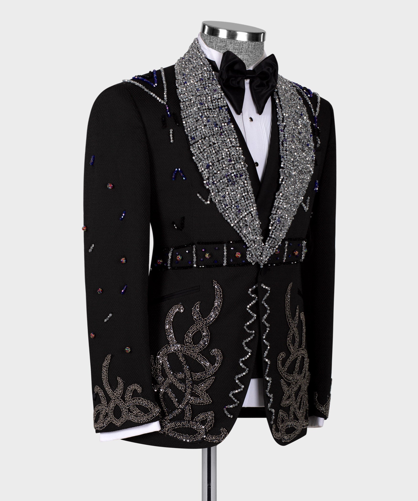 Gem Stone black special tuxedo, textured sequin shawl lapel and ornate black panels
