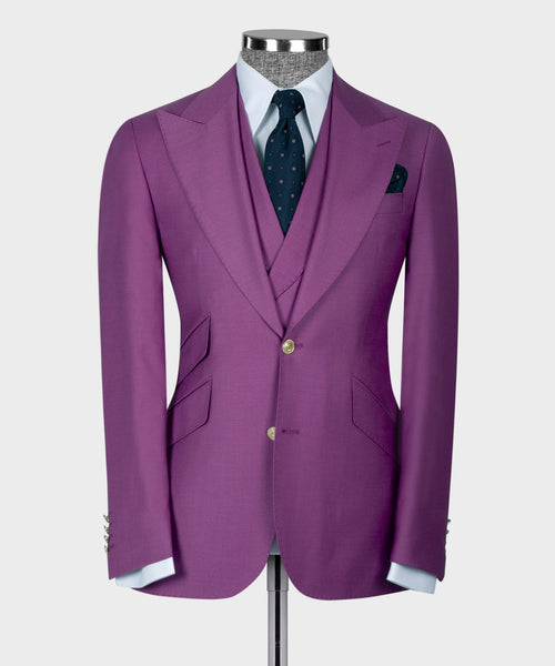 Purple three-piece business suit: jacket with gold buttons, vest, and patterned necktie
