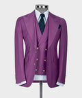 Purple suit jacket with gold buttons, dress shirt, dark patterned tie, and pocket square