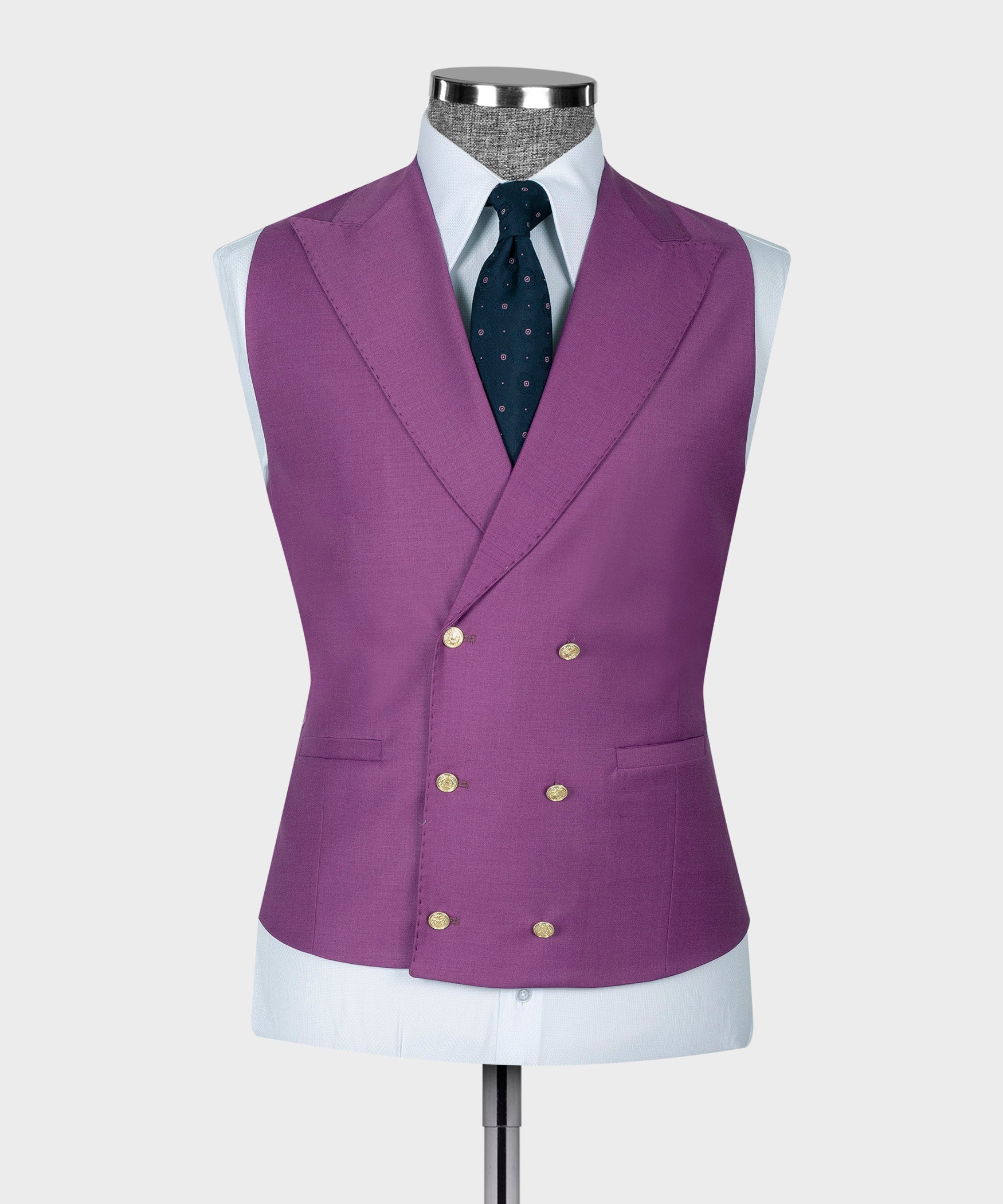 Purple vest with gold buttons over dress shirt; dark patterned tie on mannequin