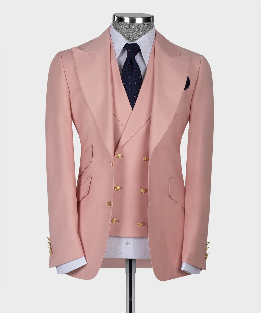 Powder pink tailored suit jacket with notch lapels and gold button front