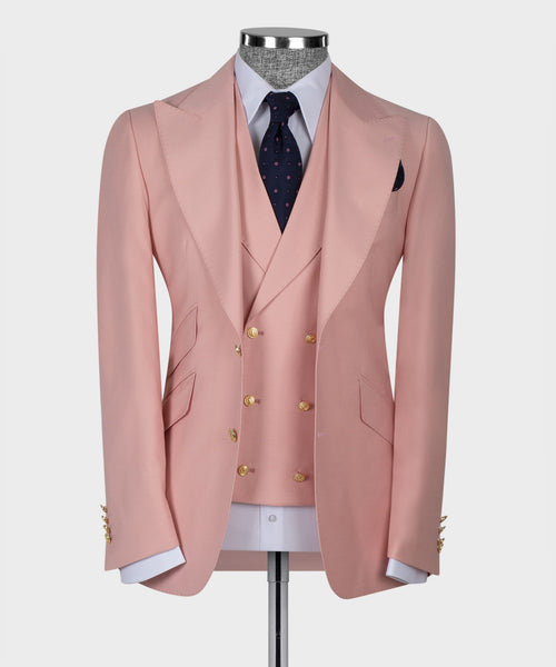 Powder pink tailored suit jacket with notch lapels and gold button front
