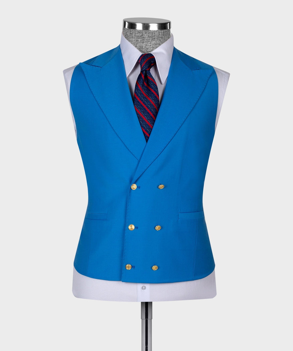 Light blue waistcoat with gold buttons over white shirt and striped necktie