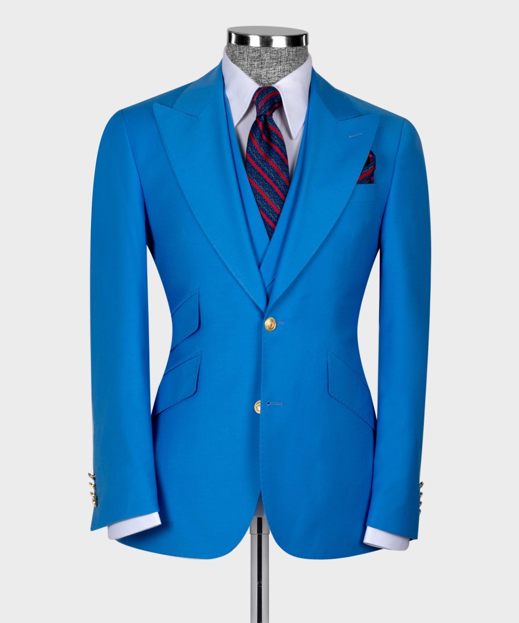 Light blue suit jacket front view with gold buttons and white shirt collar