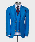 Light blue suit jacket with gold buttons, notch lapels, and striped pocket square
