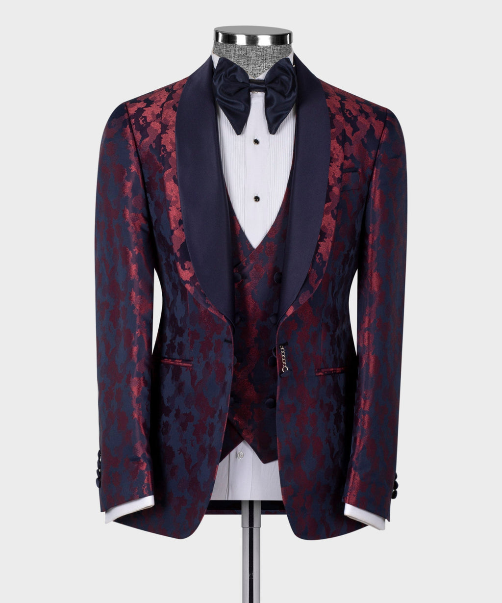 Men’s double-lapel tuxedo jacket with burgundy-and-dark-blue patterned vest and bow tie