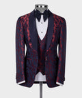 Men’s double-lapel tuxedo jacket with burgundy-and-dark-blue patterned vest and bow tie