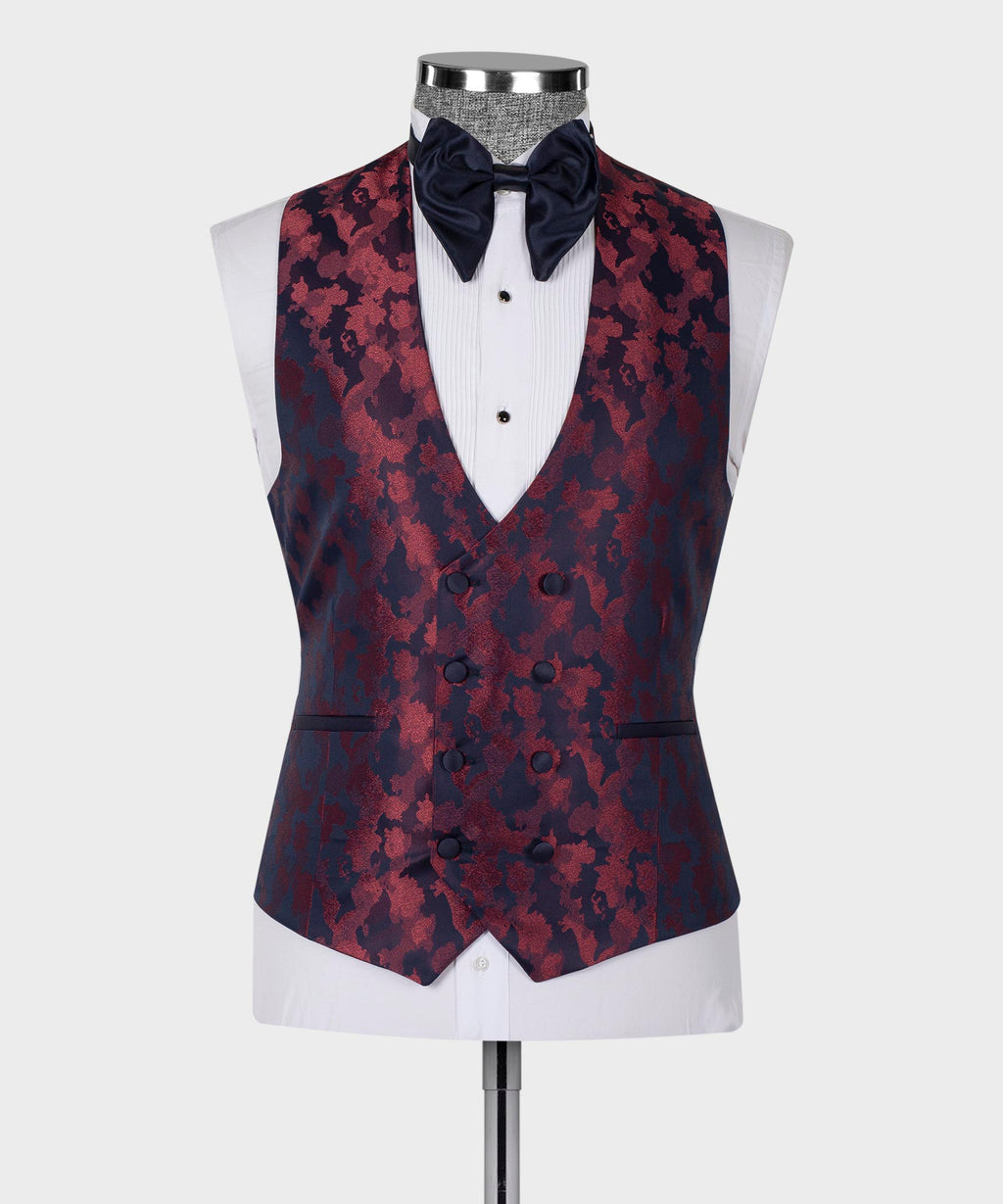 Burgundy-and-dark-blue patterned tuxedo waistcoat with bow tie and white shirt front