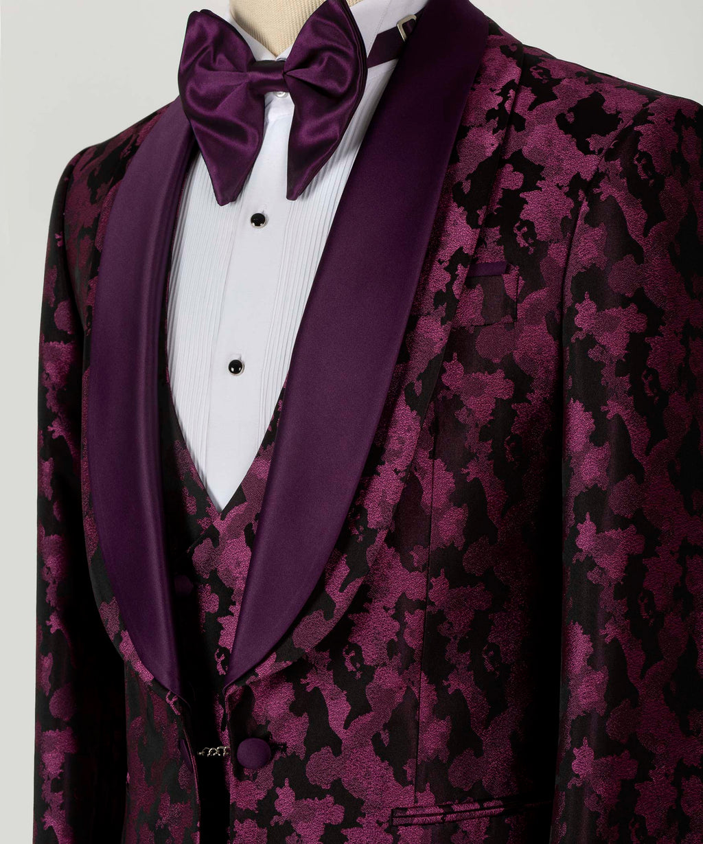 Neckline detail: burgundy-purple patterned tux jacket, satin bow tie, purple lapels and buttons