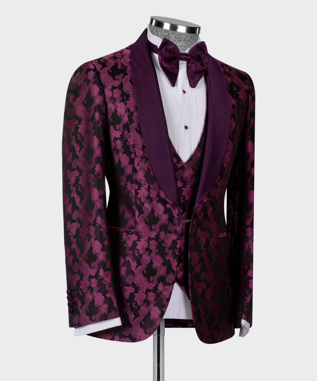 Purple patterned tuxedo jacket with double lapels and bow tie, white shirtfront and waistcoat