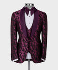 Front view tuxedo set: purple patterned jacket, satin lapels, matching waistcoat, bow tie