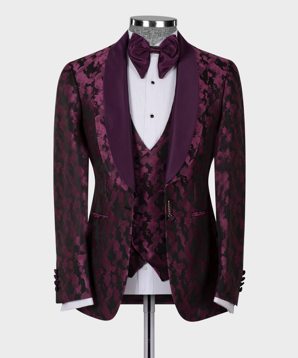 Purple double-lapel tuxedo jacket with patterned fabric, satin trim, bow tie and waistcoat