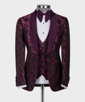 Purple double-lapel tuxedo jacket with patterned fabric, satin trim, bow tie and waistcoat