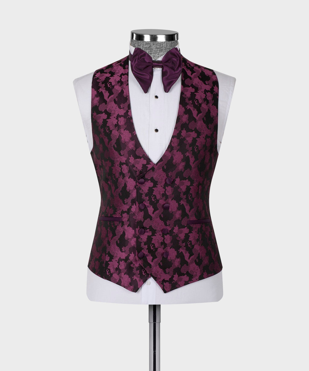 Purple patterned tuxedo vest with white shirtfront and bow tie, double-lapel styling