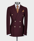 Double-breasted burgundy suit jacket with gold buttons, notch lapels, and welt pockets