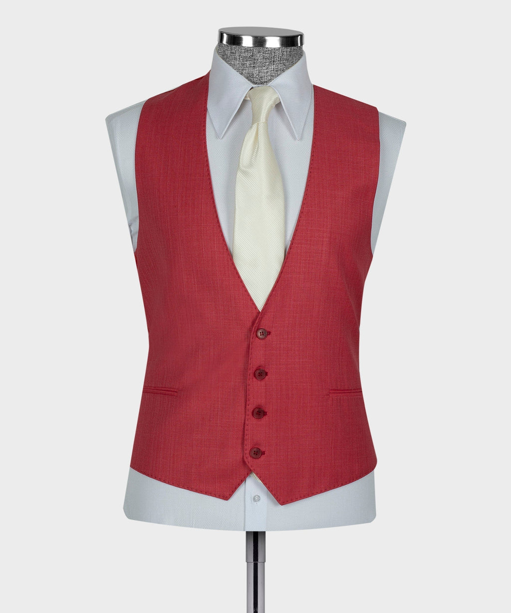 Red waistcoat with button placket, worn with white shirt and cream tie