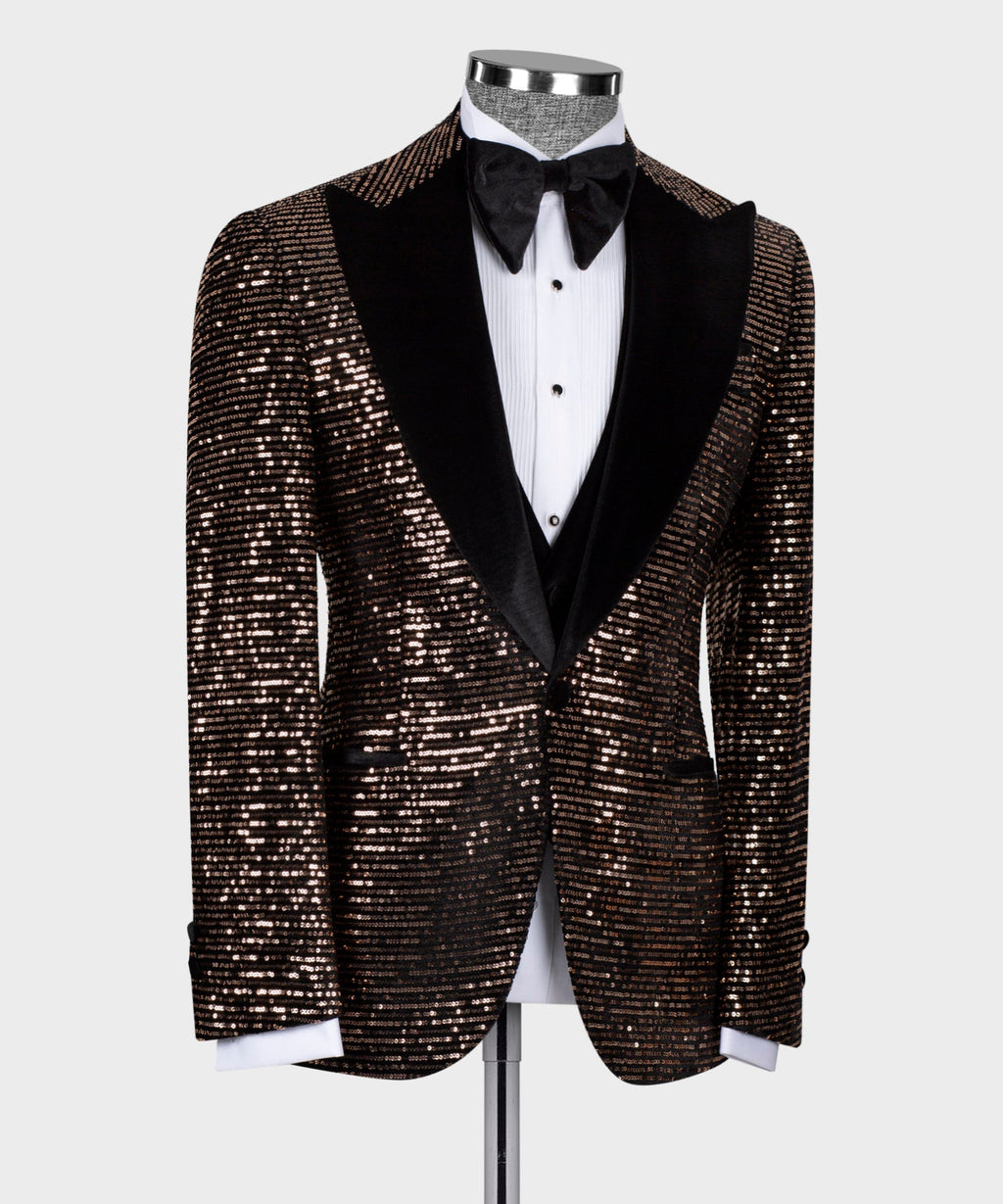 Men’s tuxedo suit with copper-black sequin jacket and black satin lapels over white shirt