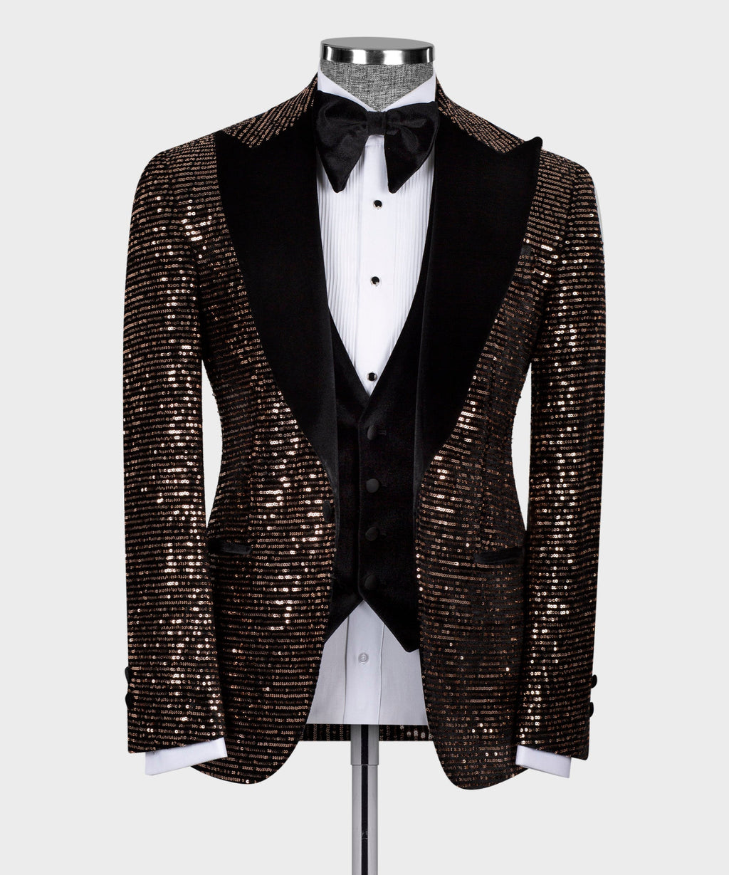 Men’s velvet tuxedo dinner suit with copper-black sequin jacket, black bow tie, white shirt