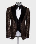 Men’s velvet tuxedo dinner suit with copper-black sequin jacket, black bow tie, white shirt