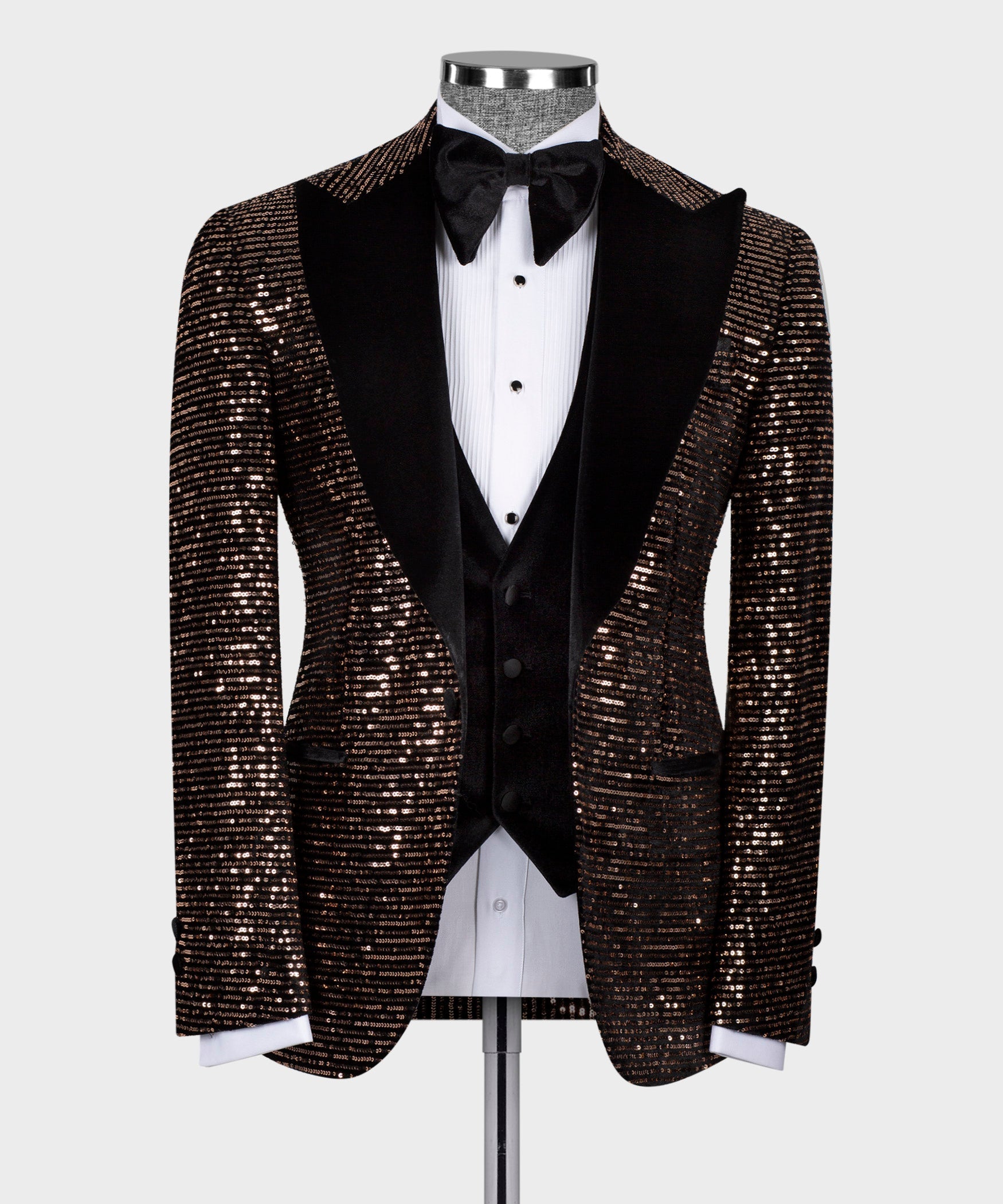 Men’s velvet tuxedo dinner suit with copper-black sequin jacket, black bow tie, white shirt