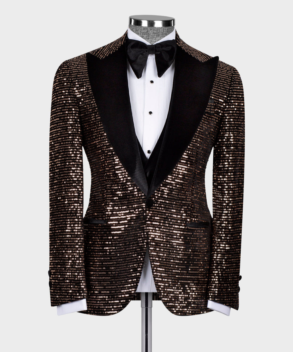 Velvet tuxedo jacket and vest set with copper-black sequin front panels, black bow tie