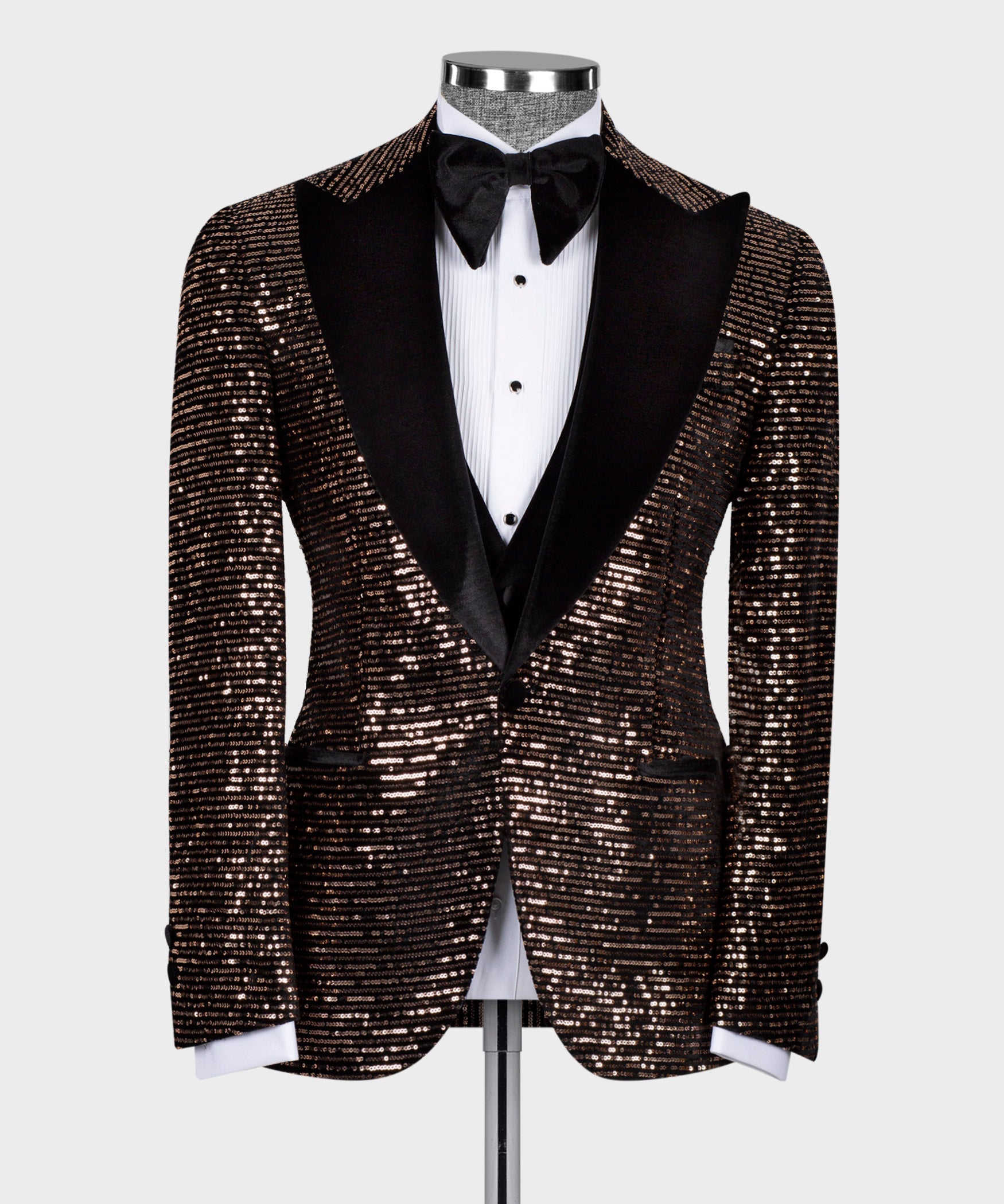 Velvet tuxedo jacket and vest set with copper-black sequin front panels, black bow tie