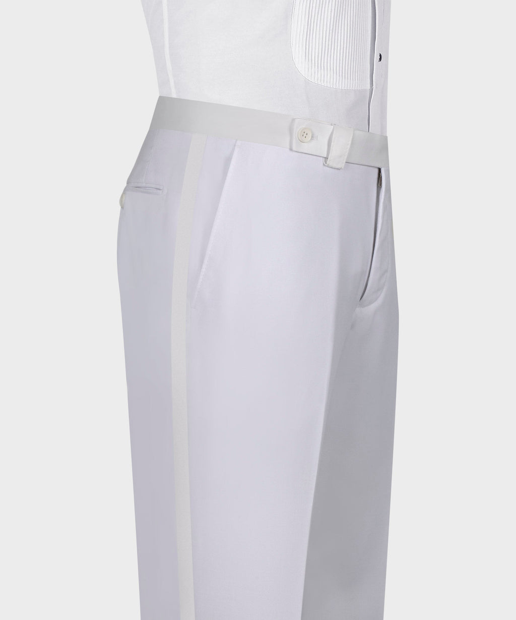 White tuxedo trousers with waistband tab and front pleat details