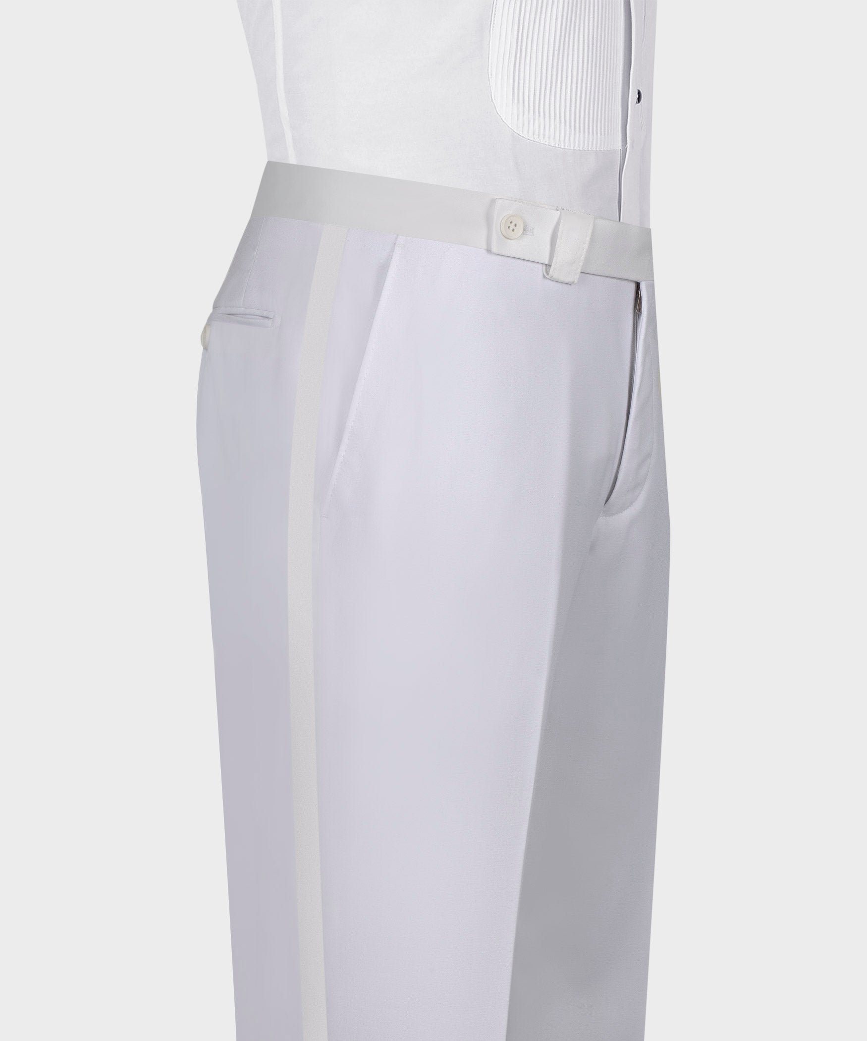 White tuxedo trousers with smooth front and side seam detail