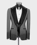 Gray tuxedo jacket with black sequin lapels, white shirt, and black bow tie