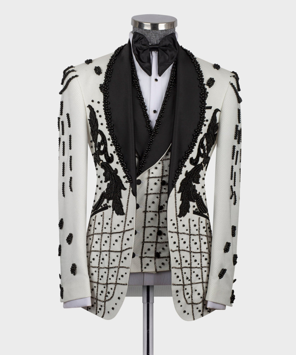 White silk tuxedo jacket with black satin lapels and crystal bead trim