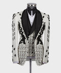 White silk tuxedo jacket with black satin lapels and crystal bead trim