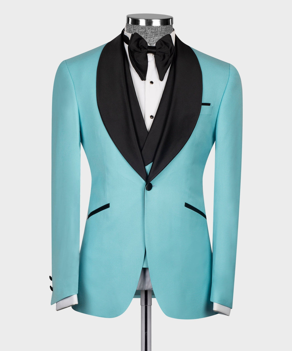 Light blue tuxedo jacket with black satin shawl collar and black bow tie, full front