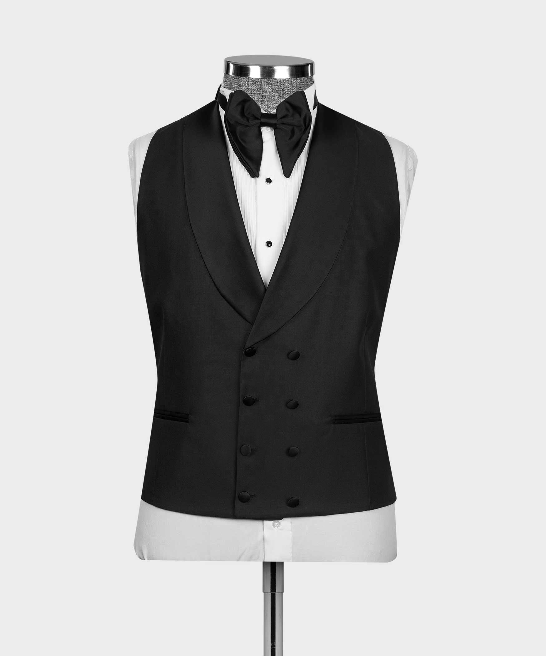 Black tuxedo vest and jacket set with black bow tie and white shirt placket