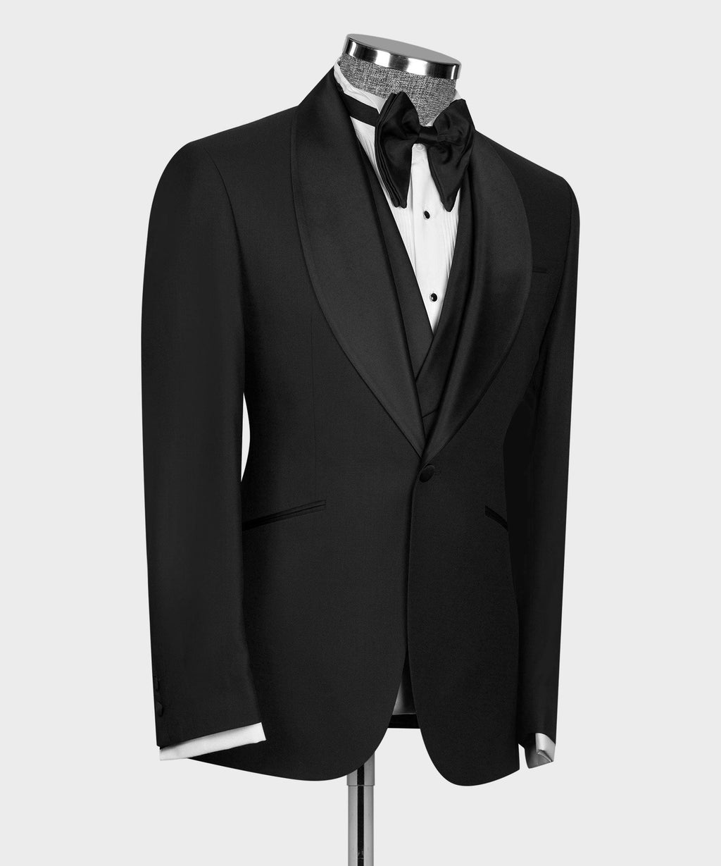 Black tuxedo jacket with satin bow tie and white vest panel showing buttons